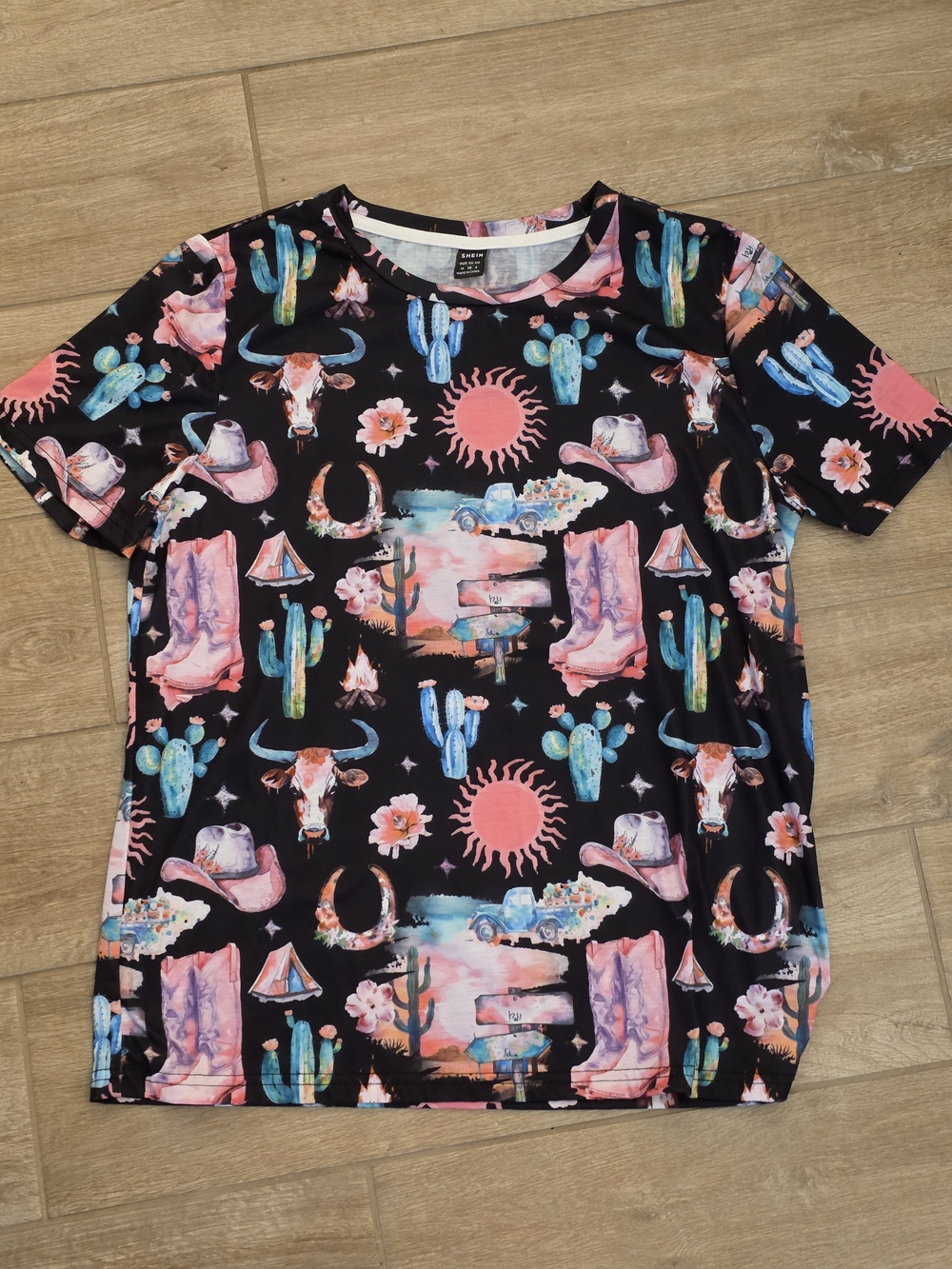 SHEIN Black Tee with Pink, Blue & Teal Western Motifs